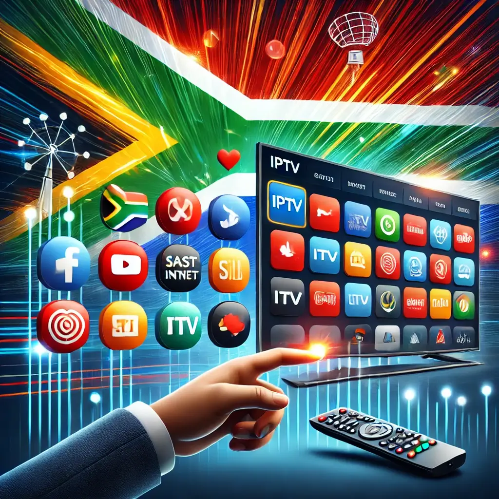 A vibrant TV screen showcasing various streaming channels, representing the best IPTV South Africa service